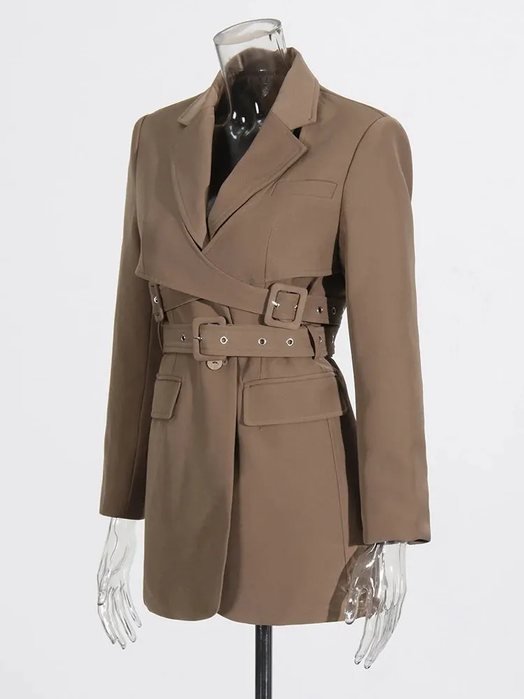 Women's Luxe Brown Tailored Belted Blazer