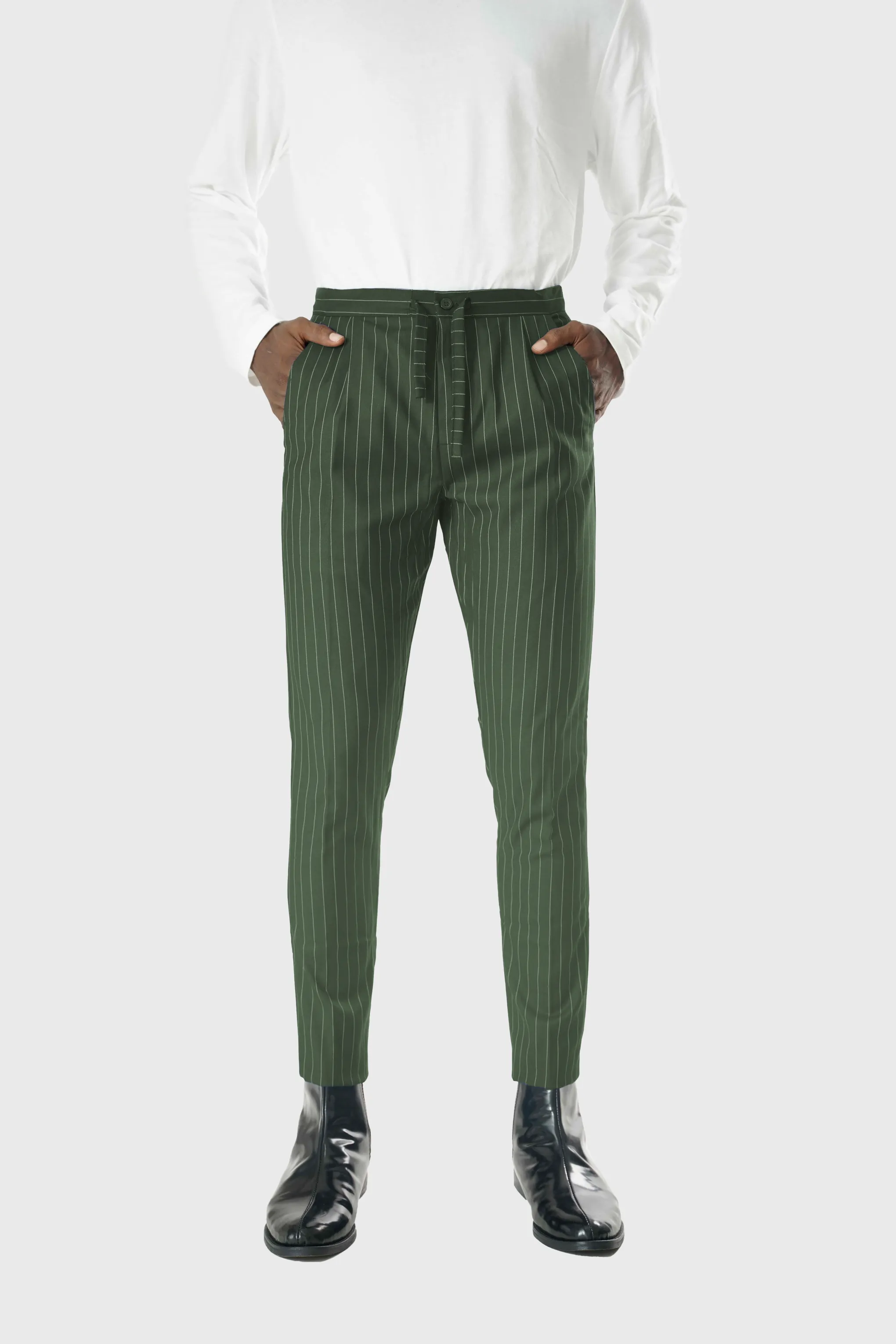 Wool Drawstring Pants in Green Pinstripe