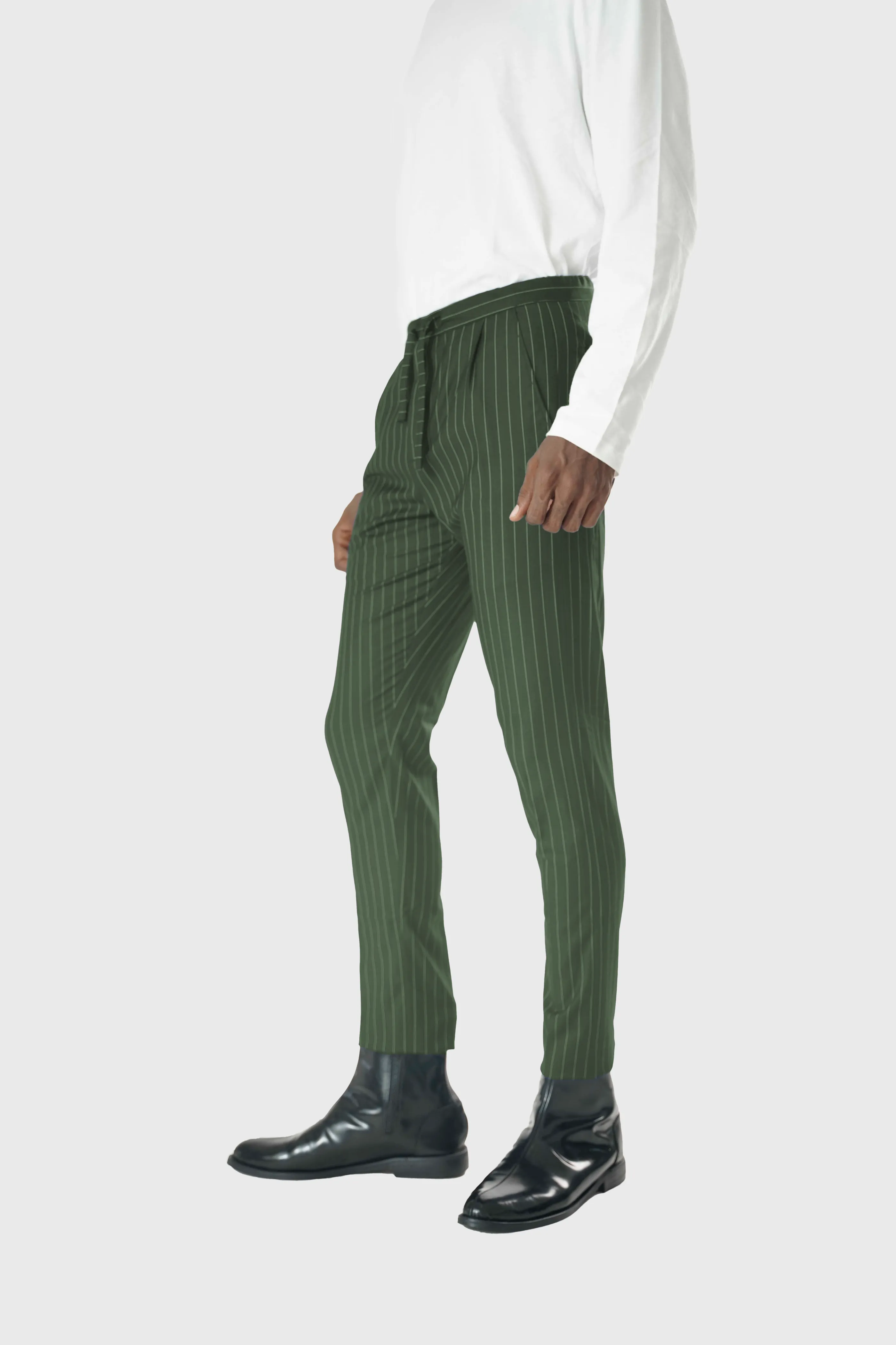 Wool Drawstring Pants in Green Pinstripe