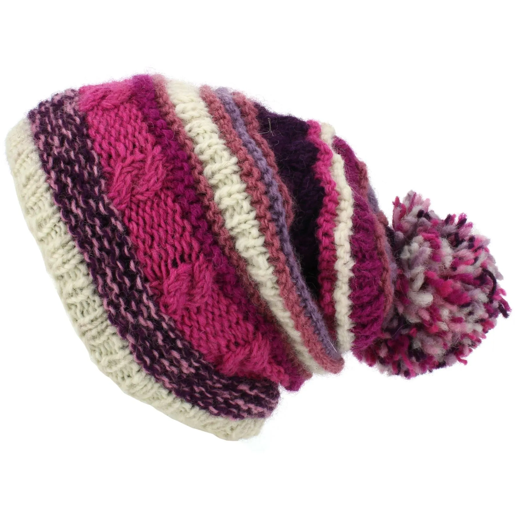 Wool Knit Bobble Beanie Hat - Stripe Pink