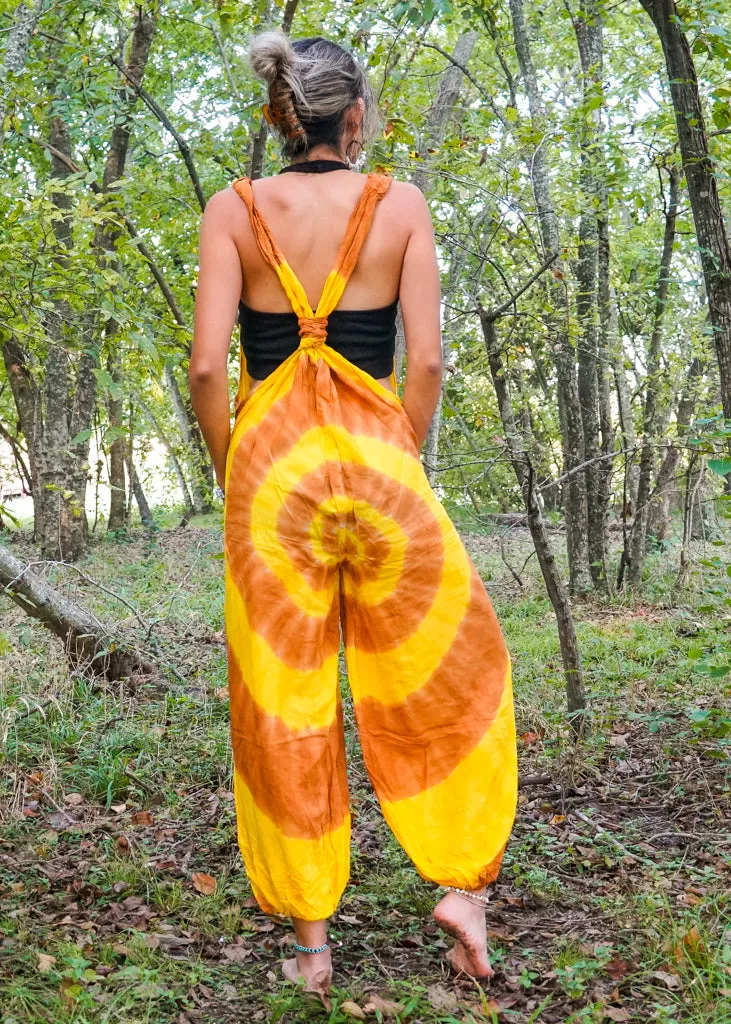 Yellow and Brown Hand Dyed Hippie Racerback Dungarees Jumpsuit Romper