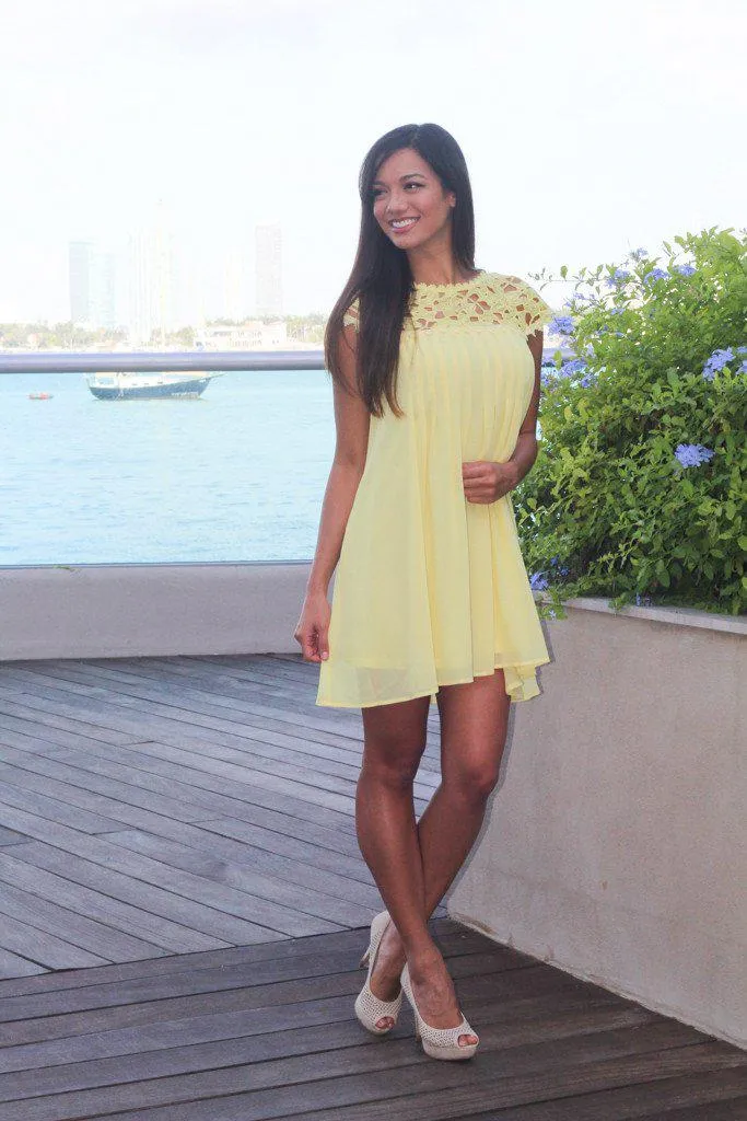 Yellow Pleated Dress with Crochet Neck